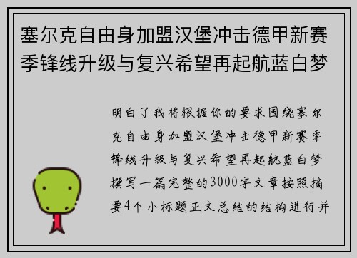 塞尔克自由身加盟汉堡冲击德甲新赛季锋线升级与复兴希望再起航蓝白梦 塞尔克自由身加盟汉堡冲击德甲新赛季锋线升级与复兴希望再起航蓝白梦