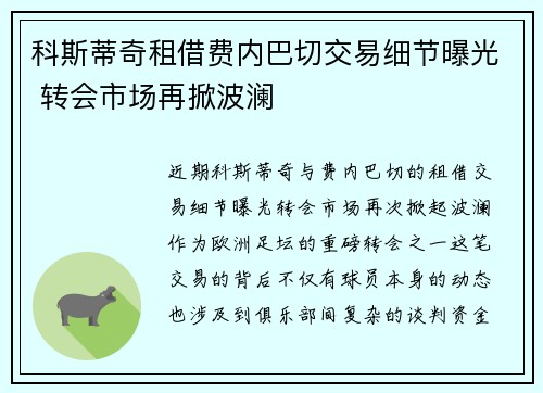 科斯蒂奇租借费内巴切交易细节曝光 转会市场再掀波澜
