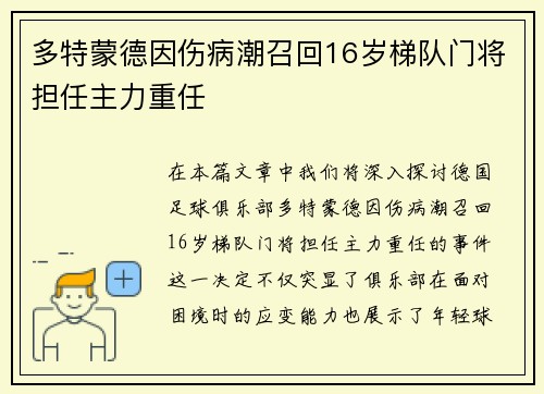 多特蒙德因伤病潮召回16岁梯队门将担任主力重任