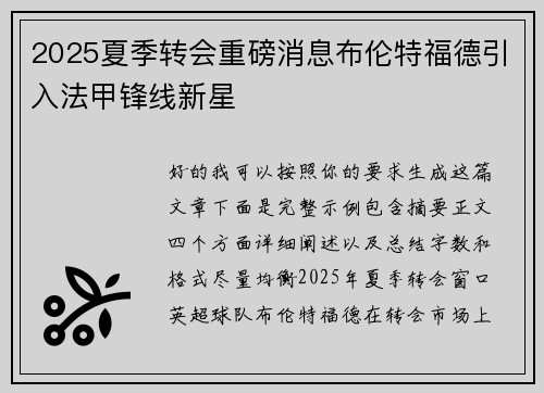 2025夏季转会重磅消息布伦特福德引入法甲锋线新星 2025夏季转会重磅消息布伦特福德引入法甲锋线新星
